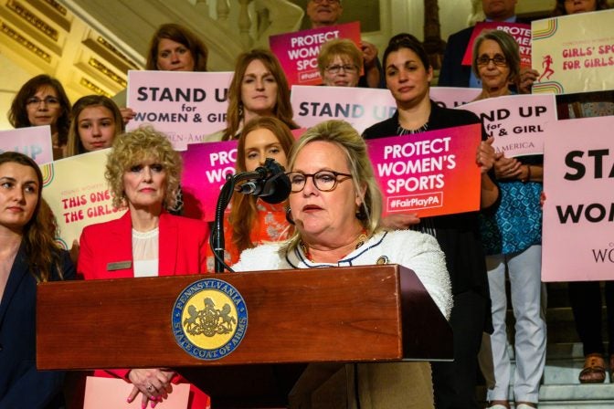 State Sen. Judy Ward appears with supports of Pa. legislation that would ban trans student athletes from participating on teams corresponding with their gender