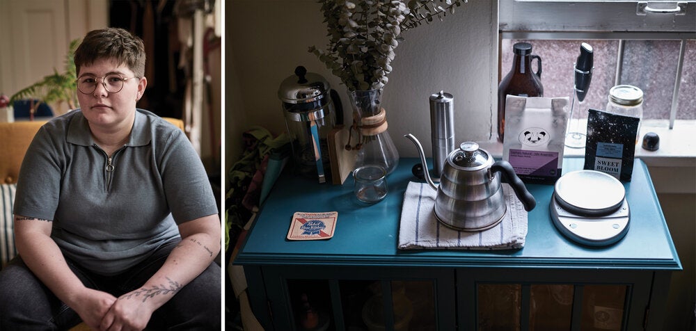 Left: Destiny DeVooght sits for a portrait; Right: An image of a table set up at a coffee shop