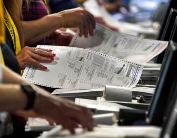 Close-up of election workers' hands handling ballots.