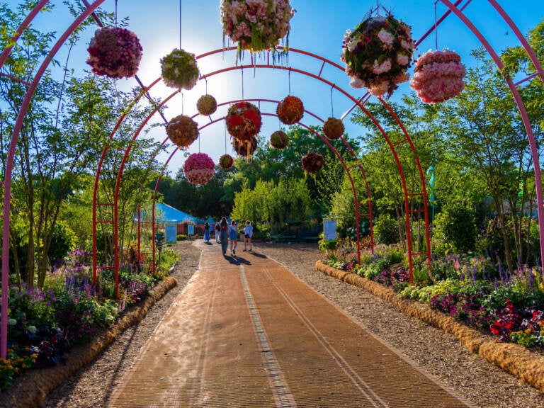 A walkway is visible with flowers hanging from an arbor overhead.