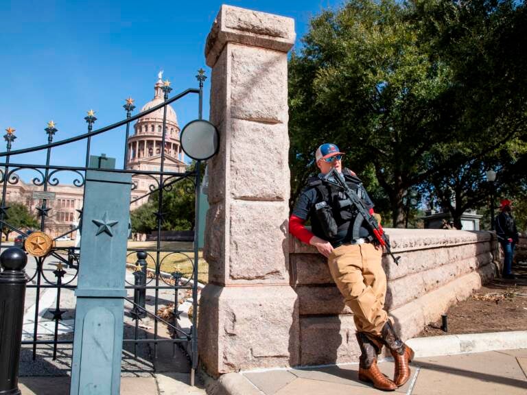 The Republican Party of Texas refuses to recognize the legitimacy of President Biden's election win. Just before Biden's inauguration in 2021, armed groups held a rally in front of the Texas State Capitol in Austin. (Matthew Busch/AFP via Getty Images)