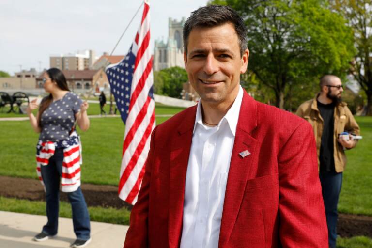 Ryan Kelly, a Republican candidate for governor, attends a rally in support of First Amendment rights and to protest against Gov. Gretchen Whitmer, outside the Michigan State Capitol in Lansing, Mich., on May 15, 2021. (Jeff Kowalsky/AFP via Getty Images)