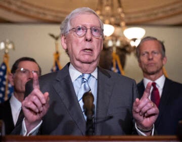 Senate Minority Leader Mitch McConnell, seen here speaking during a news conference after a Senate Republican lunch meeting on June 7, 2022, said he will support a gun bill in the Senate if it sticks to the proposed framework announced over the weekend. (Drew Angerer/Getty Images)