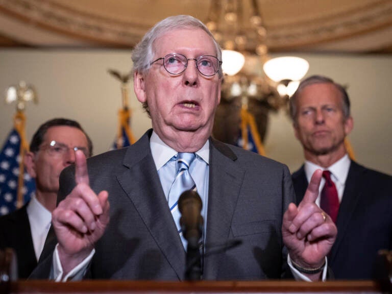 Senate Minority Leader Mitch McConnell, seen here speaking during a news conference after a Senate Republican lunch meeting on June 7, 2022, said he will support a gun bill in the Senate if it sticks to the proposed framework announced over the weekend. (Drew Angerer/Getty Images)