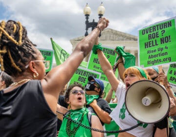 Abortion rights activists clad in green and carrying green signs protest outside the Supreme Court