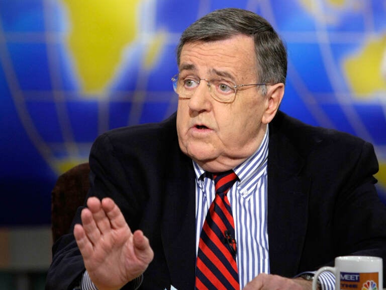Mark Shields speaks during a taping of NBC's Meet the Press on Feb. 17, 2008, in Washington, D.C. the longtime PBS NewsHour commentator has died at age 85. (Alex Wong/Getty Images for Meet the Press)