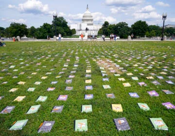 Laid out near the U.S. Capitol are 2,280 schoolbooks and broken pencils that represent the 2,280 children that have been killed by gun violence since the Senate has refused to bring a vote on background checks, during a rally in Washington, Friday, June 10, 2022.