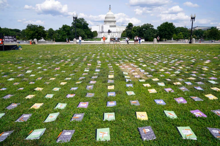 Laid out near the U.S. Capitol are 2,280 schoolbooks and broken pencils that represent the 2,280 children that have been killed by gun violence since the Senate has refused to bring a vote on background checks, during a rally in Washington, Friday, June 10, 2022.