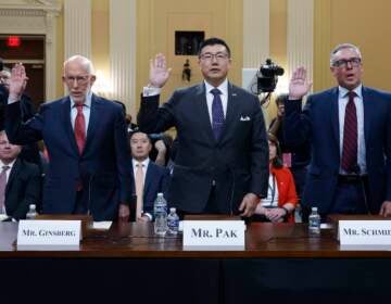 From left, Republican election attorney Ben Ginsberg, former U.S. Attorney for Georgia, Bjay Pak, and Al Schmidt, the only Republican on Philadelphia's 2020 elections board, are sworn in to testify before the U.S. House Jan. 6 committee