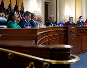 From left to right, Rep. Stephanie Murphy, Rep. Pete Aguilar, Rep. Adam Schiff, Rep. Zoe Lofgren, Chairman Bennie Thompson, Vice Chair Liz Cheney, Rep. Adam Kinzinger, Rep. Jamie Raskin, and Rep. Elaine Luria are seated as the House select committee investigating the Jan. 6 attack on the U.S. Capitol holds its first public hearing
