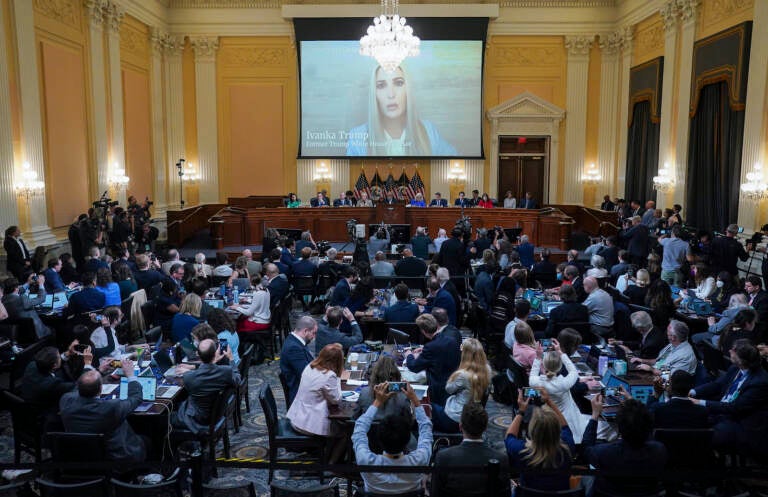 An image of Ivanka Trump is displayed on a screen as the House select committee investigating the Jan. 6 attack on the U.S. Capitol holds its first public hearing to reveal the findings of a year-long investigation, on Capitol Hill in Washington, Thursday, June 9, 2022.  (Jabin Botsford//The Washington Post via AP, Pool)