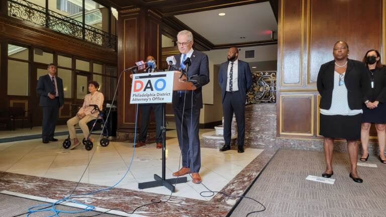 Philadelphia DA Larry Krasner speaks at his weekly gun violence press conference on June 27, 2022.