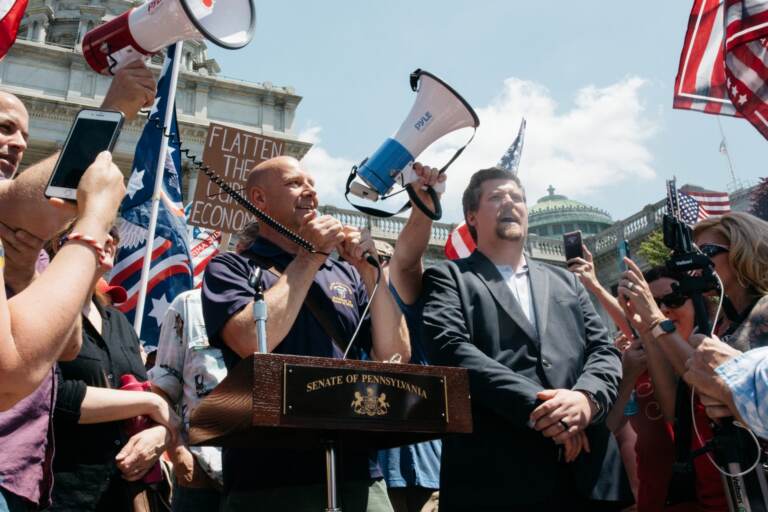 State Sen. Doug Mastriano (R-Franklin) speaks at the May 15, 2020, protest outside the state capitol