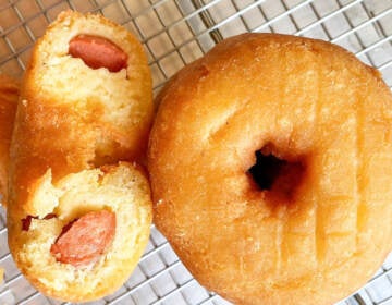 A view of the corndog donut from Okie Dokie Donut.