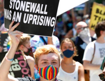 A person with a rainbow mask holds a sign that says 