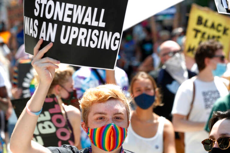 A person with a rainbow mask holds a sign that says 