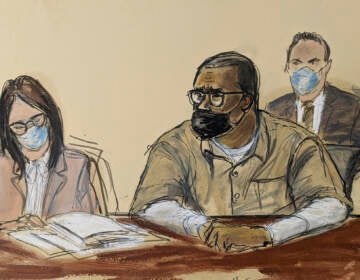 In this courtroom sketch, R. Kelly and his attorney Jennifer Bonjean, left, appear during his sentencing hearing in federal court, Wednesday, June 29, 2022, in New York. The former R&B superstar was convicted of racketeering and other crimes. (AP Photo/Elizabeth Williams)