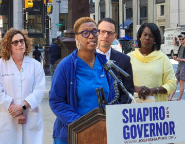 Nurse Shirley Gardiner expressed her concern about the negative impact an abortion ban in Pa. could have on maternal health at a rally for Josh Shapiro on June 29, 2022. (Tom MacDonald / WHYY)