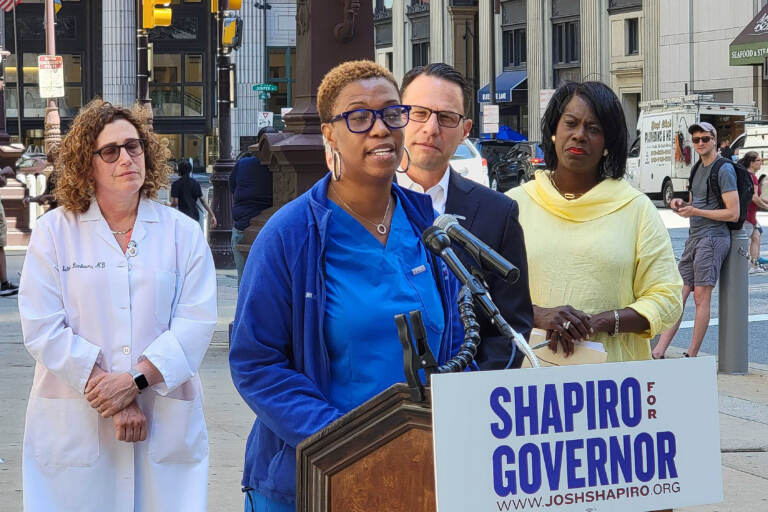 Nurse Shirley Gardiner expressed her concern about the negative impact an abortion ban in Pa. could have on maternal health at a rally for Josh Shapiro on June 29, 2022. (Tom MacDonald / WHYY)