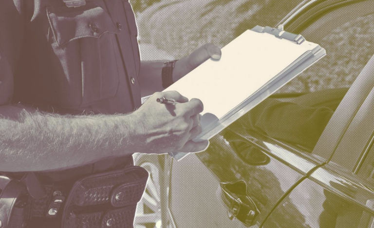 An illustration of a police officer holding a clipboard.