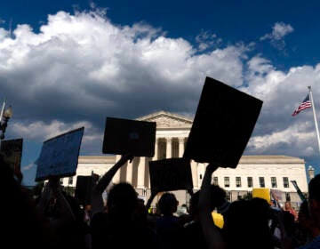 Silhouettes of the hands of different people in a crowd waving signs are visible in the foreground, with the U.S. Supreme Court building in the background.