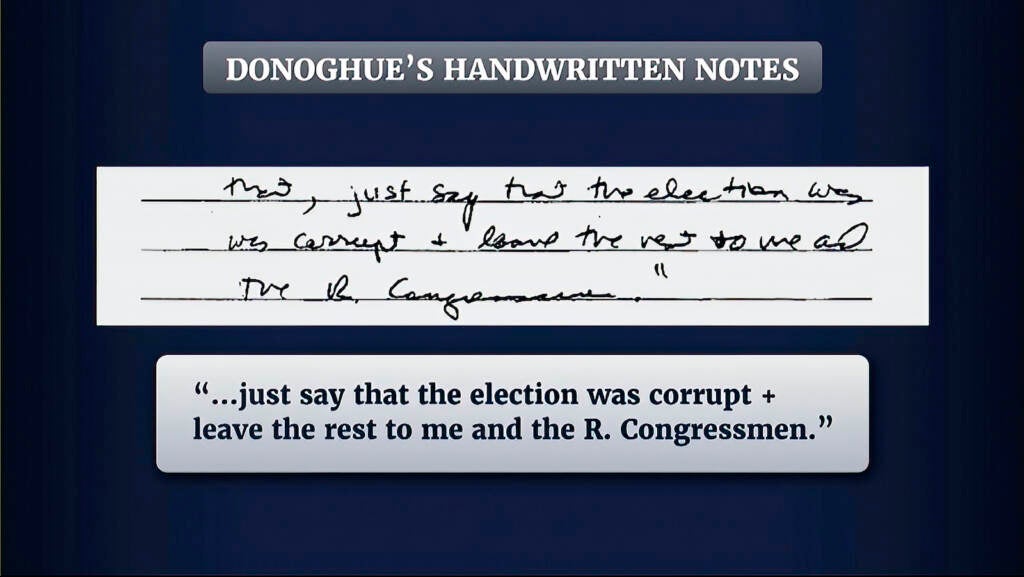 This exhibit from video released by the House Select Committee, shows handwritten notes by Richard Donoghue, former acting Deputy Attorney General