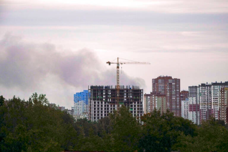 Smoke rises after Russian missile strikes in Kyiv, Ukraine, Sunday, June 5, 2022.