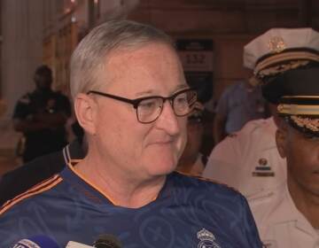 Mayor Jim Kenney speaks to the media shortly after midnight on the Fourth of July following a shooting on the Benjamin Franklin Parkway. (Courtesy of 6abc)