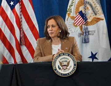 U.S. Vice President Kamala Harris listens to Pennsylvania lawmakers discuss abortion rights. (Sam Searles/WHYY)