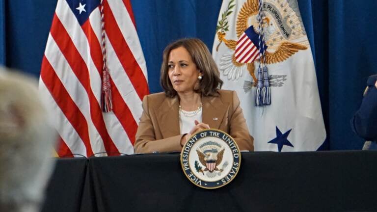 U.S. Vice President Kamala Harris listens to Pennsylvania lawmakers discuss abortion rights. (Sam Searles/WHYY)