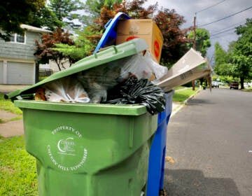 Garbage and recycling containers overflow on a residential street in Cherry Hill Township, New Jersey. (Emma Lee/WHYY)
