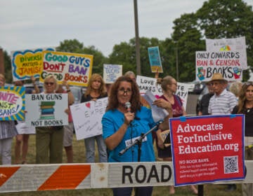 Chris Kehan speaks at a rally outside of Central Bucks School District