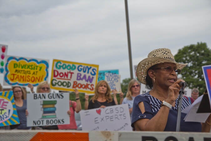 Karen Downer, president of the NAACP of Bucks county, spoke at a rally ahead of the Central Bucks School District’s vote to remove books perceived to have sexualized content from their libraries on July 26, 2022.