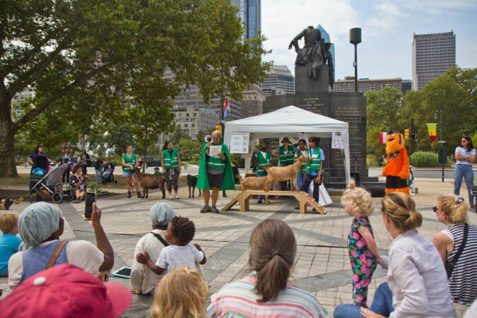 Philly Goat Project performed the tale of the ''Philly Goats'', featuring their goats and Gritty the troll at Shakespeare Park in Philadelphia on July 27, 2022. (Kimberly Paynter/WHYY)