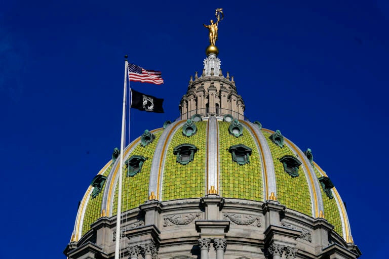 The Pennsylvania Capitol in Harrisburg, Pa., Tuesday, Feb. 8, 2022. (AP Photo/Matt Rourke)