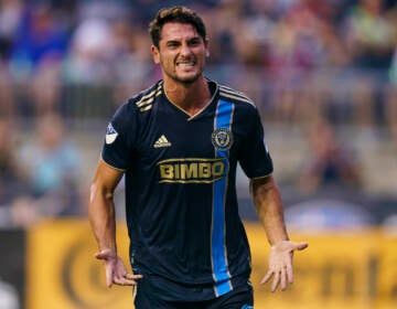 Philadelphia Union's Julian Carranza reacts to his goal against D.C. United during the first half of an MLS soccer match Friday, July 8, 2022, in Chester, Pa. (AP Photo/Chris Szagola)