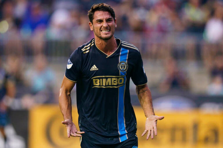 Philadelphia Union's Julian Carranza reacts to his goal against D.C. United during the first half of an MLS soccer match Friday, July 8, 2022, in Chester, Pa. (AP Photo/Chris Szagola)