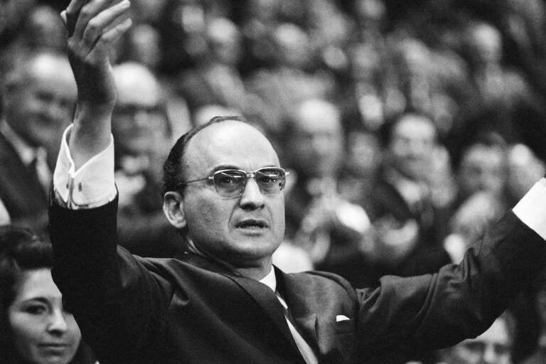 File photo: Luis Echeverria Alvarez speaks to party members after becoming the official nominee for the 1970-76 presidential race, during the closing session of the ruling Institutional Revolutionary Party's conventional at the Olympic Sports Palace in Mexico City, Nov. 16, 1969. Current President Andres Manuel Lopez Obrador confirmed the death of Echeverria on Saturday, July 9, 2022. Echeverria, who governed from 1970 to 1976, was 100. (AP Photo)