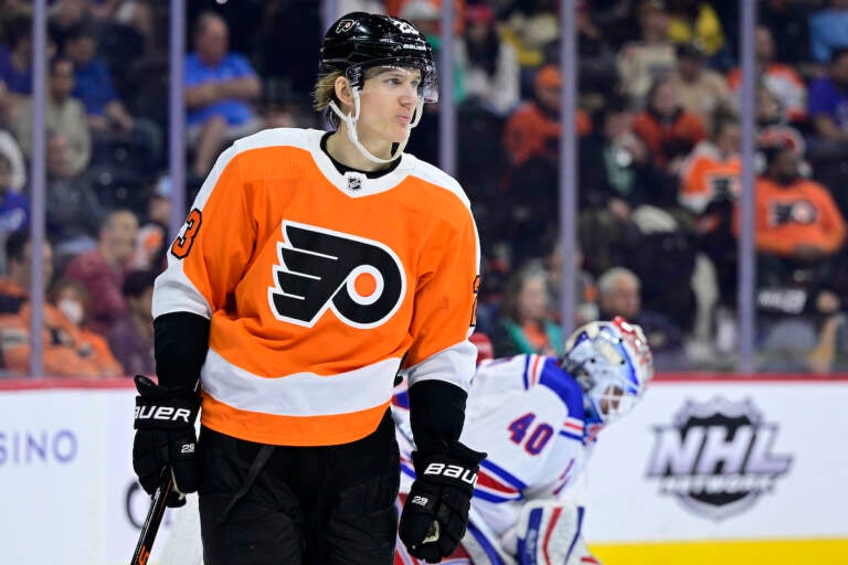 File photo: Philadelphia Flyers' Oskar Lindblom plays during an NHL hockey game against the New York Rangers, Wednesday, April 13, 2022, in Philadelphia. (AP Photo/Derik Hamilton, File)