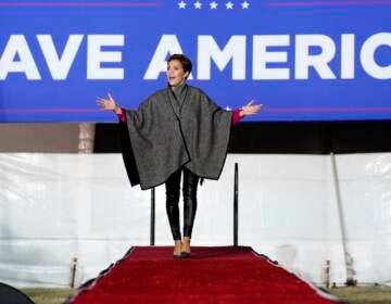 File photo: Arizona Republican candidate for governor Kari Lake acknowledges the crowd at a rally prior to her speaking before former President Donald Trump spoke on Jan. 15, 2022, in Florence, Ariz. (AP Photo/Ross D. Franklin, File)