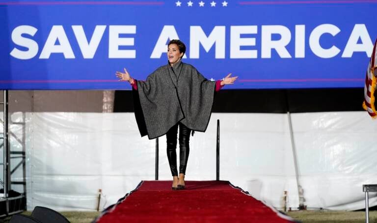 File photo: Arizona Republican candidate for governor Kari Lake acknowledges the crowd at a rally prior to her speaking before former President Donald Trump spoke on Jan. 15, 2022, in Florence, Ariz. (AP Photo/Ross D. Franklin, File)