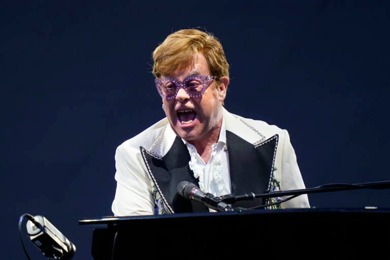 Elton John performs during his ''Farewell Yellow Brick Road,'' tour, Friday, July 15, 2022, at Citizens Bank Park in Philadelphia. (AP Photo/Matt Rourke)