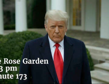 This exhibit from video released by the House Select Committee, shows President Donald Trump recording a video statement on the afternoon of Jan. 6, from the Rose Garden, displayed at a hearing by the House select committee investigating the Jan. 6 attack. (House Select Committee via AP)