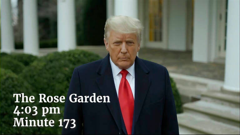 This exhibit from video released by the House Select Committee, shows President Donald Trump recording a video statement on the afternoon of Jan. 6, from the Rose Garden, displayed at a hearing by the House select committee investigating the Jan. 6 attack. (House Select Committee via AP)