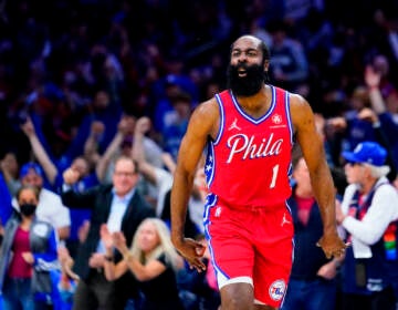 File photo: Philadelphia 76ers' James Harden reacts during the first half of Game 4 of an NBA basketball second-round playoff series against the Miami Heat,  May 8, 2022, in Philadelphia. (AP Photo/Matt Slocum, File)