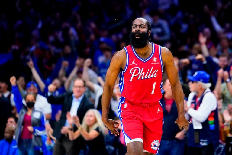 File photo: Philadelphia 76ers' James Harden reacts during the first half of Game 4 of an NBA basketball second-round playoff series against the Miami Heat,  May 8, 2022, in Philadelphia. (AP Photo/Matt Slocum, File)