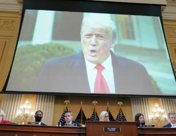 File photo: A video of President Donald Trump speaking on Jan. 6 is played as the House select committee investigating the Jan. 6 attack on the U.S. Capitol holds a hearing at the Capitol in Washington, July 21, 2022. (AP Photo/Patrick Semansky, File)