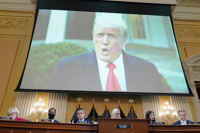 File photo: A video of President Donald Trump speaking on Jan. 6 is played as the House select committee investigating the Jan. 6 attack on the U.S. Capitol holds a hearing at the Capitol in Washington, July 21, 2022. (AP Photo/Patrick Semansky, File)