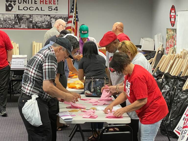 Strike authorization votes being counted at Unite Here Local 54 in Atlantic City. (P. Kenneth Burns/WHYY)