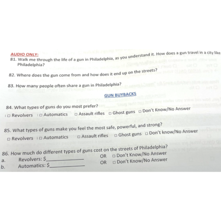 Samples of questions from the ongoing survey asking Philadelphia residents about guns and violence prevention. (Provided by Dr. Jonathan Wilson Jr./Fathership Foundation)